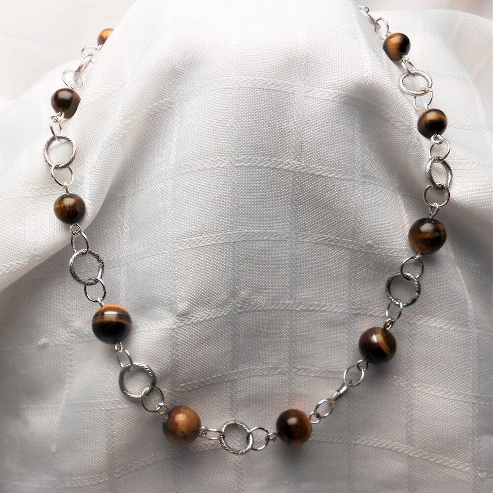 Handmade necklace & earrings with polished tiger eyes & antique silver rings